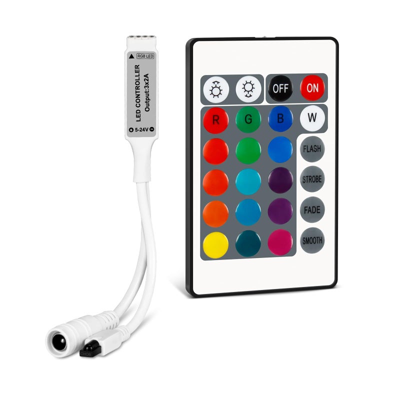 RGBZONE Mini 4 PIN LED Controller, 24 Keys IR Wireless Remote Control, DC 5V-24V RGB LED Light Strips Controller for SMD 3528 5050 5630 Light Strips - Image 1